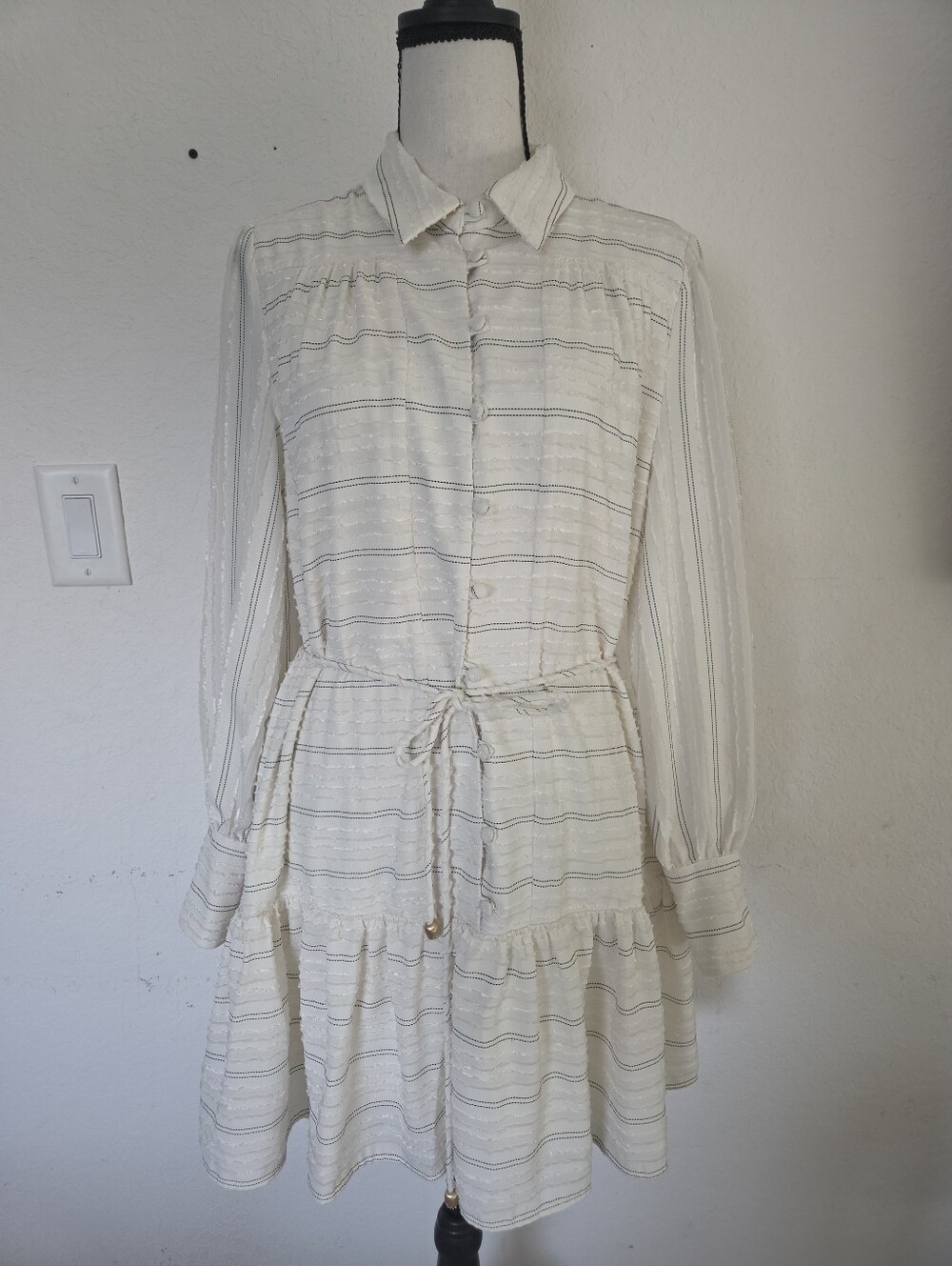 BCBG Womens 10 White Striped Fringed Shirt Dress Tiered Mini Long Sleeve Boho